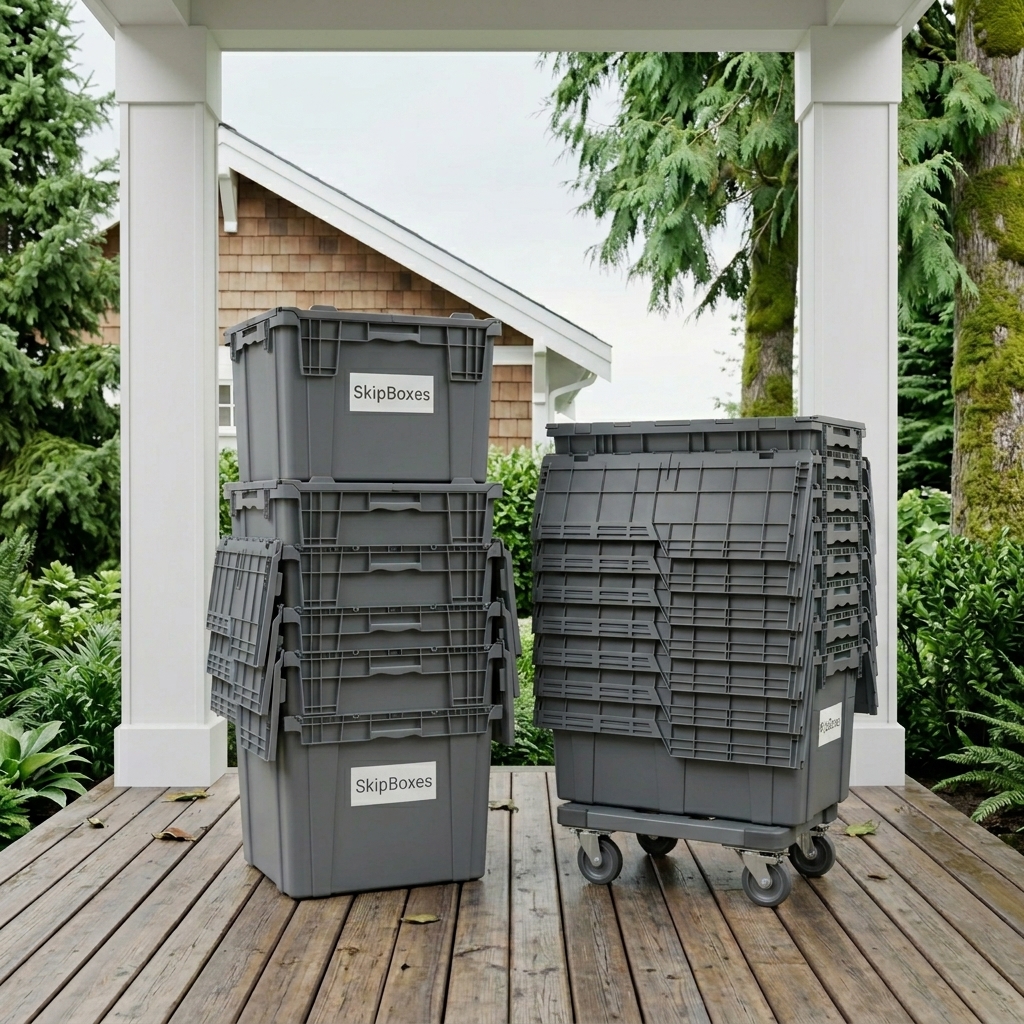 SkipBoxes reusable moving bins delivered and stacked at a front door